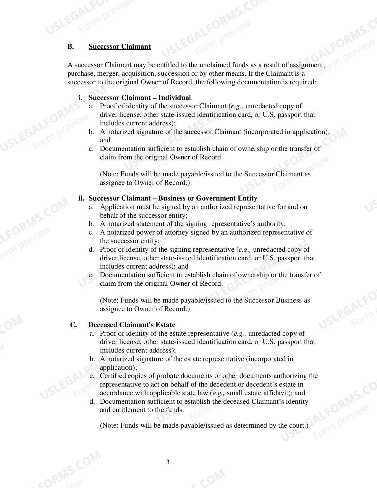 Preview Unclaimed Funds Instructions and Application