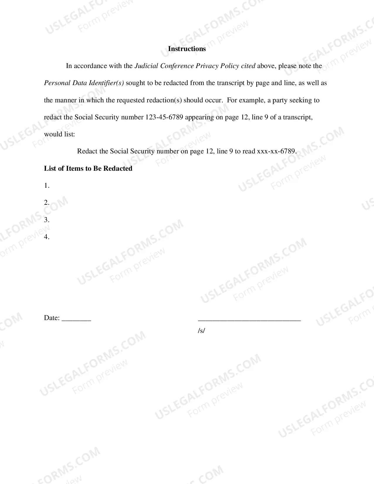 Preview Request for Redaction and List of Items to be Redacted (re:transcript)
