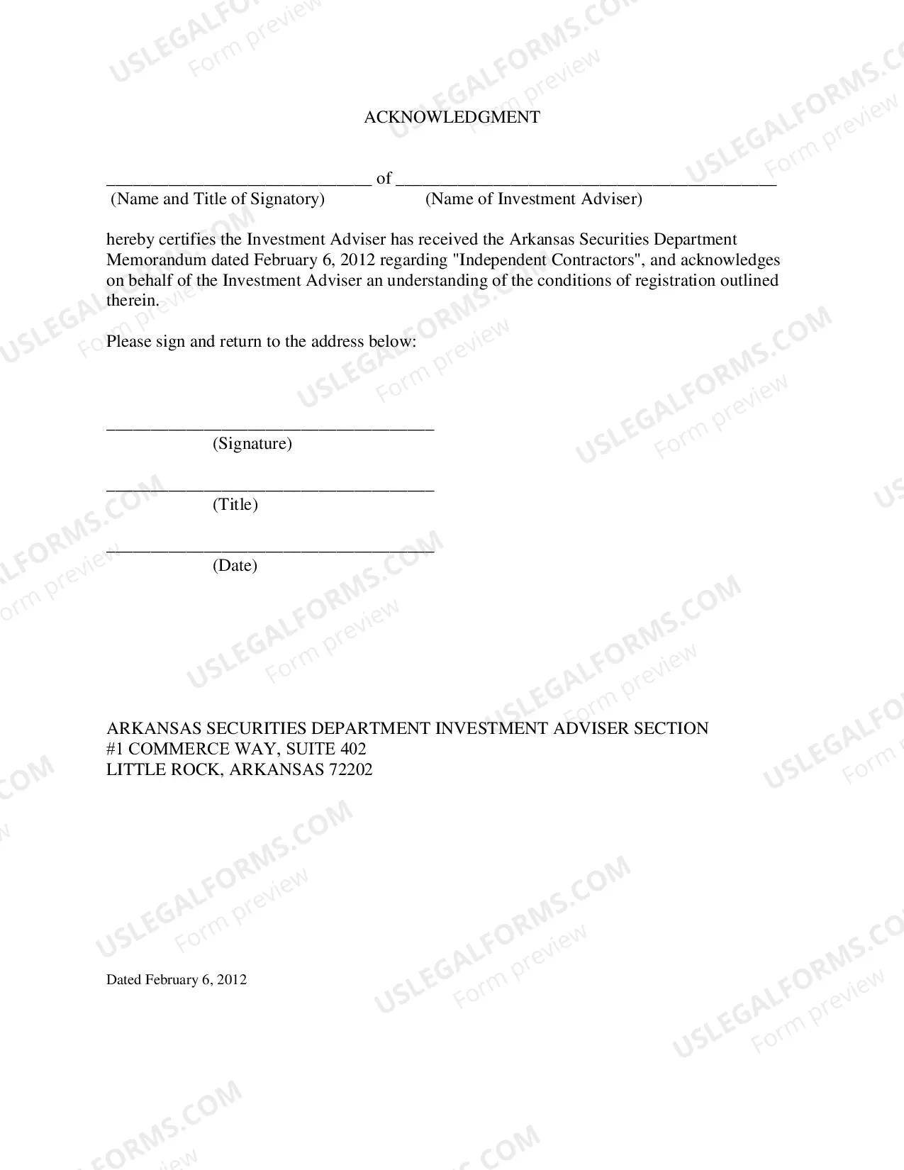 Preview Investment Adviser Independent Contractor Acknowledgment