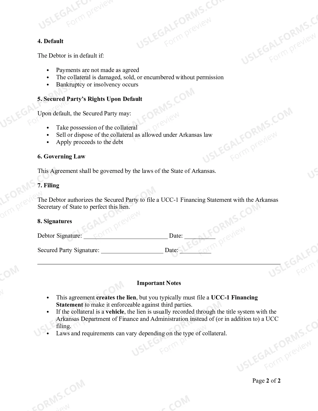 Preview Arkansas Chattel Lien/Security Agreement