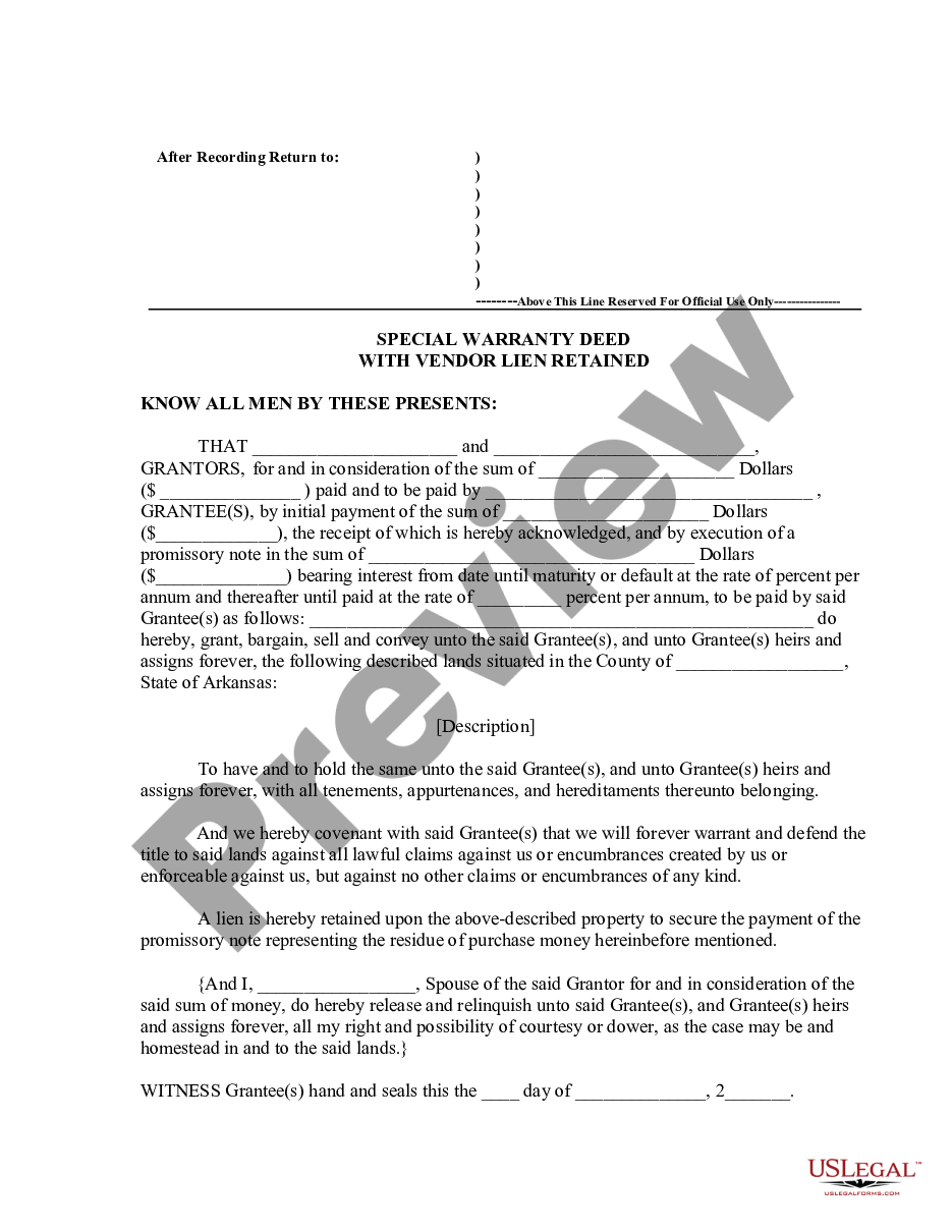 page 0 Special Warranty Deed with Vendor Lien Retained - Individual preview