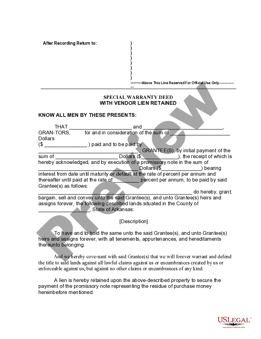 Arkansas Special Warranty Deed with Vendor Lien Retained Individual