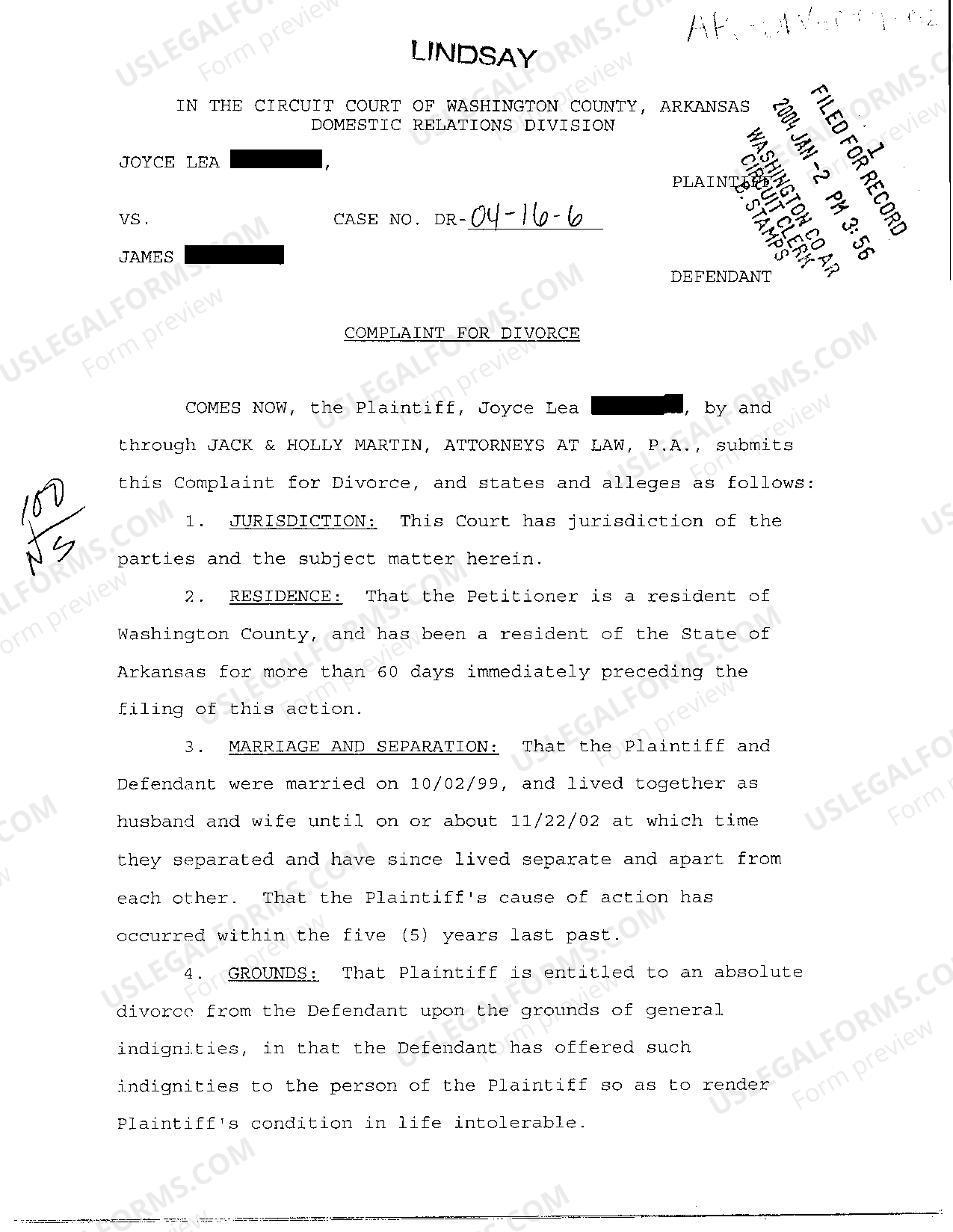 Complaint For Divorce Arkansas With Minor Child Pdf | US Legal Forms