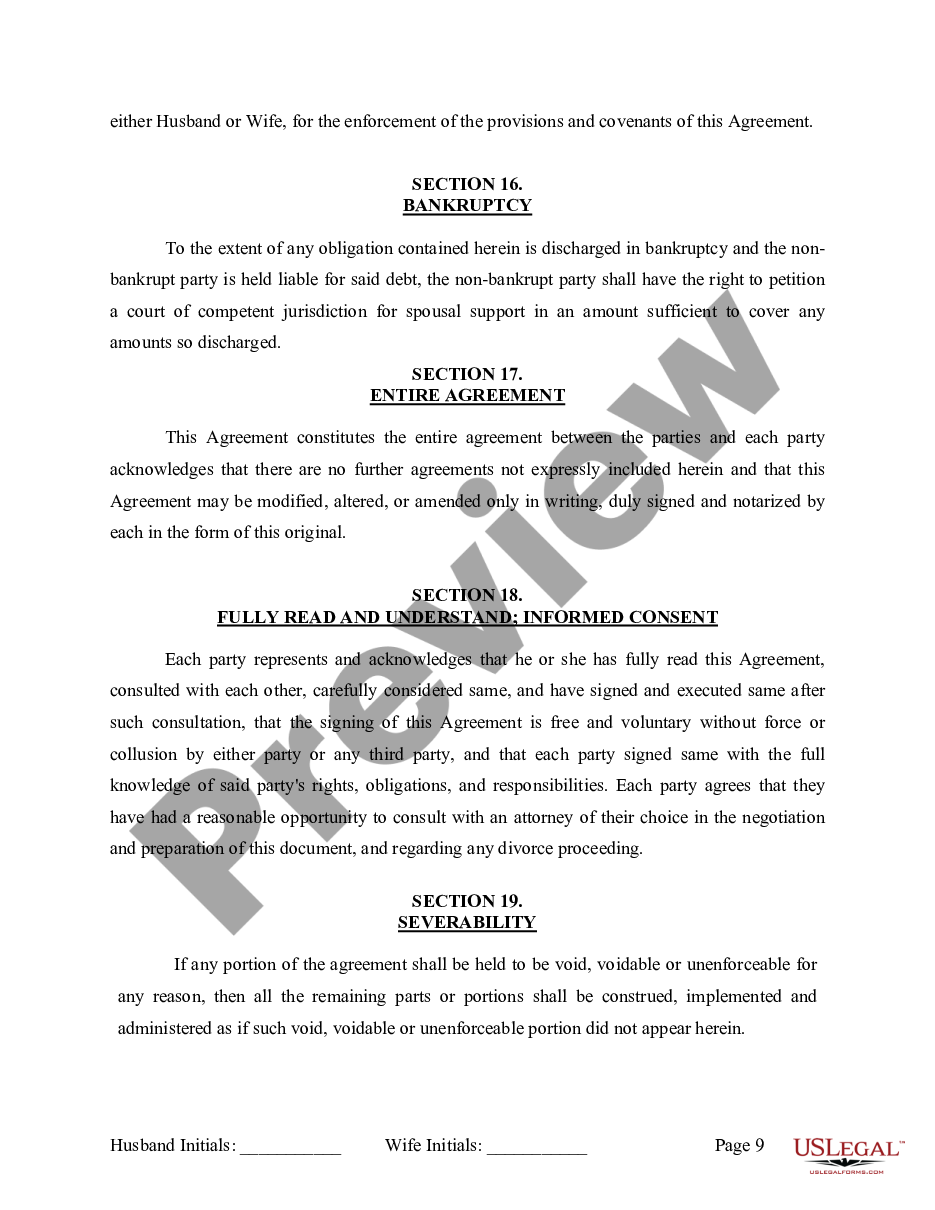 page 9 Marital Legal Separation and Property Settlement Agreement where No Children or No Joint Property or Debts and Divorce Action Filed preview