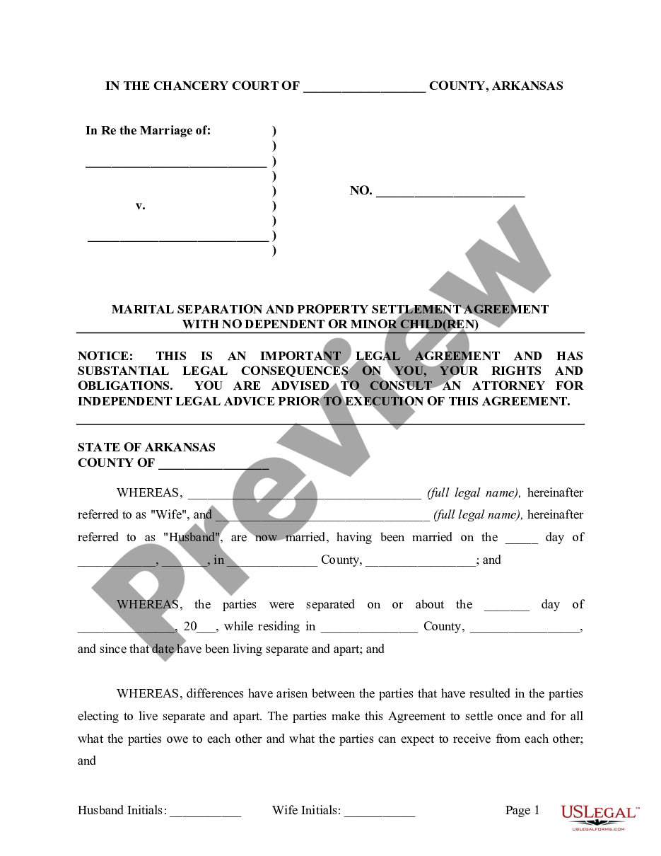 page 1 Marital Legal Separation and Property Settlement Agreement where No Children or No Joint Property or Debts and Divorce Action Filed preview
