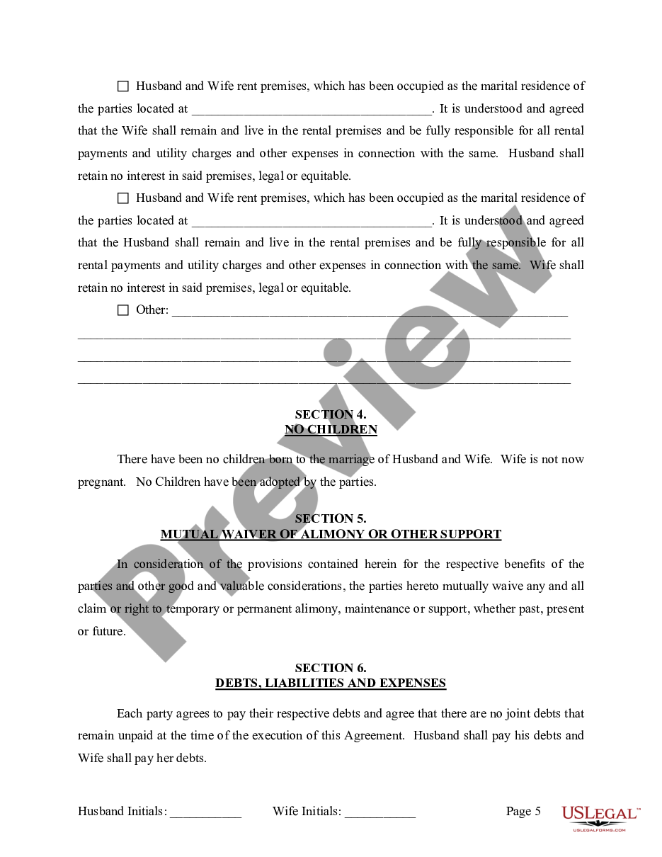 page 5 Marital Legal Separation and Property Settlement Agreement where No Children or No Joint Property or Debts and Divorce Action Filed preview