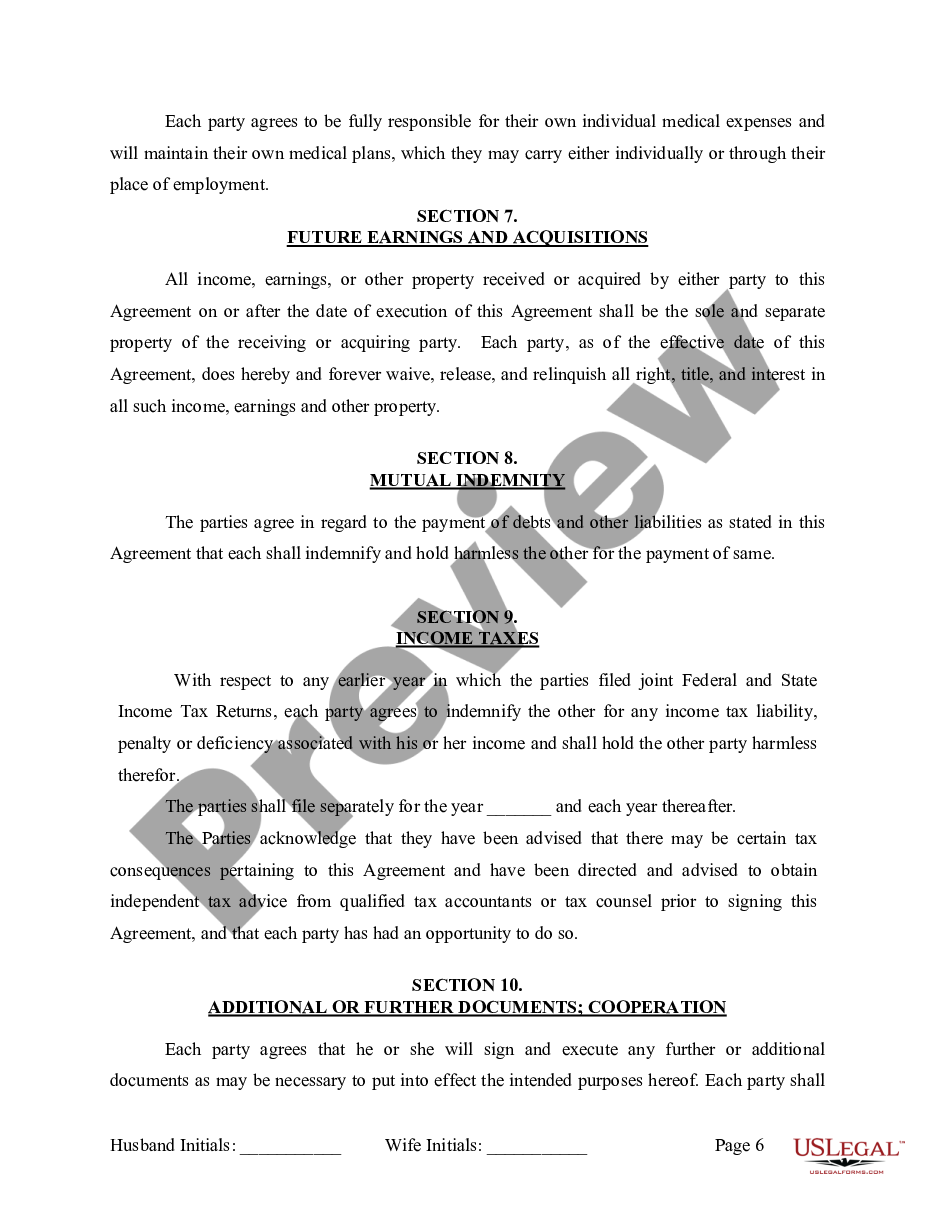 page 6 Marital Legal Separation and Property Settlement Agreement where No Children or No Joint Property or Debts and Divorce Action Filed preview