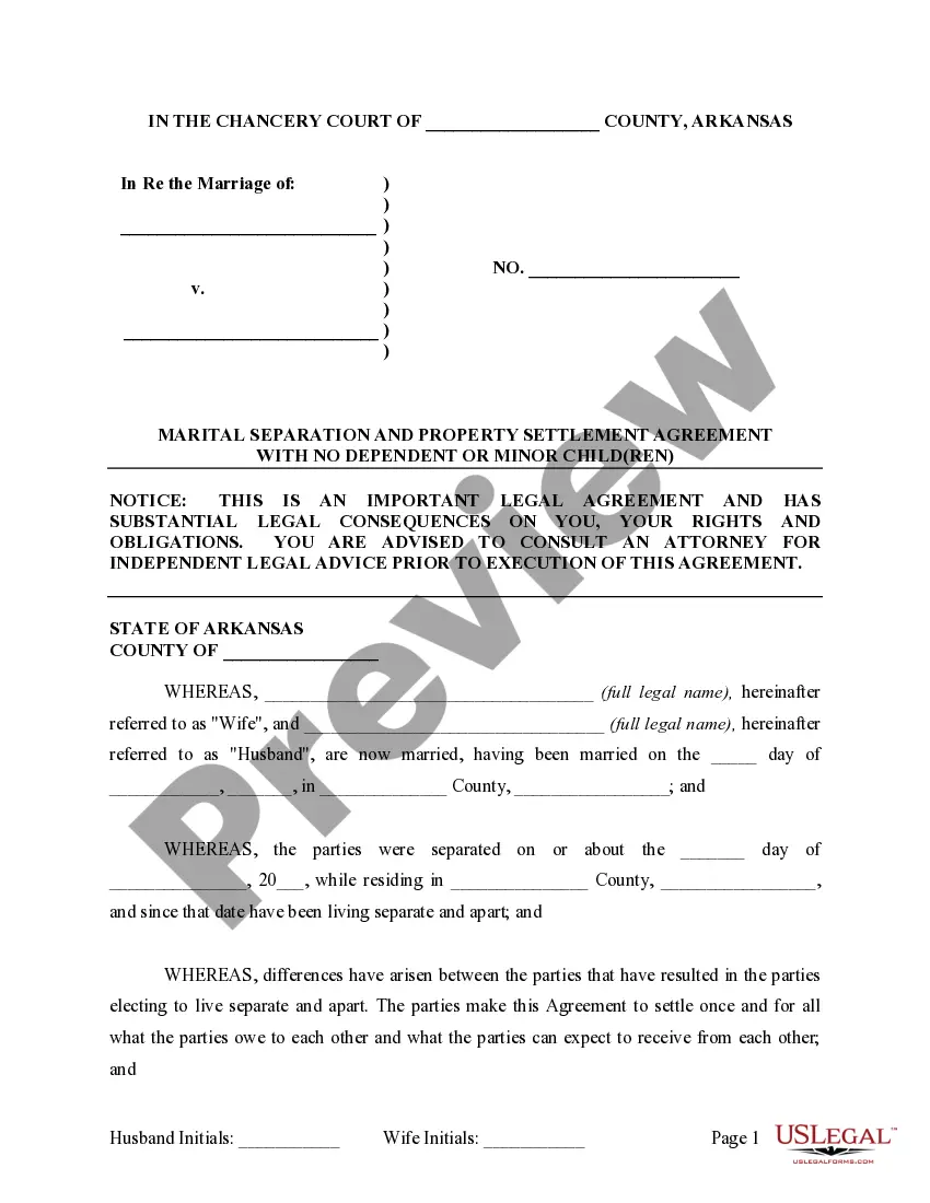 Preview Marital Legal Separation and Property Settlement Agreement where No Children or No Joint Property or Debts and Divorce Action Filed