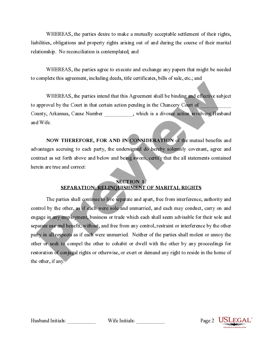 Preview Marital Legal Separation and Property Settlement Agreement where No Children or No Joint Property or Debts and Divorce Action Filed