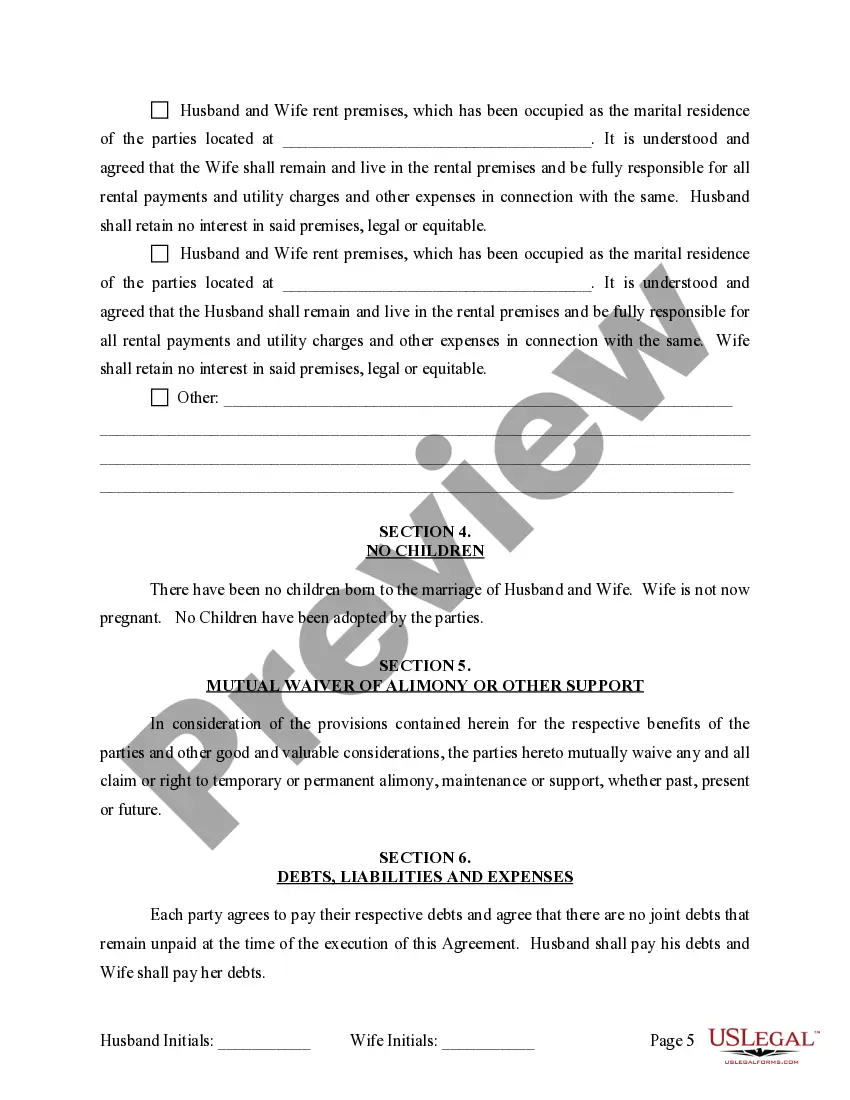 Preview Marital Legal Separation and Property Settlement Agreement where No Children or No Joint Property or Debts and Divorce Action Filed
