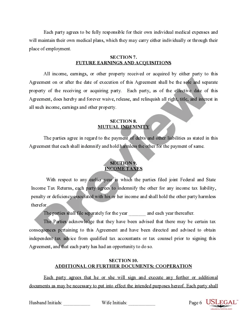 Preview Marital Legal Separation and Property Settlement Agreement where No Children or No Joint Property or Debts and Divorce Action Filed