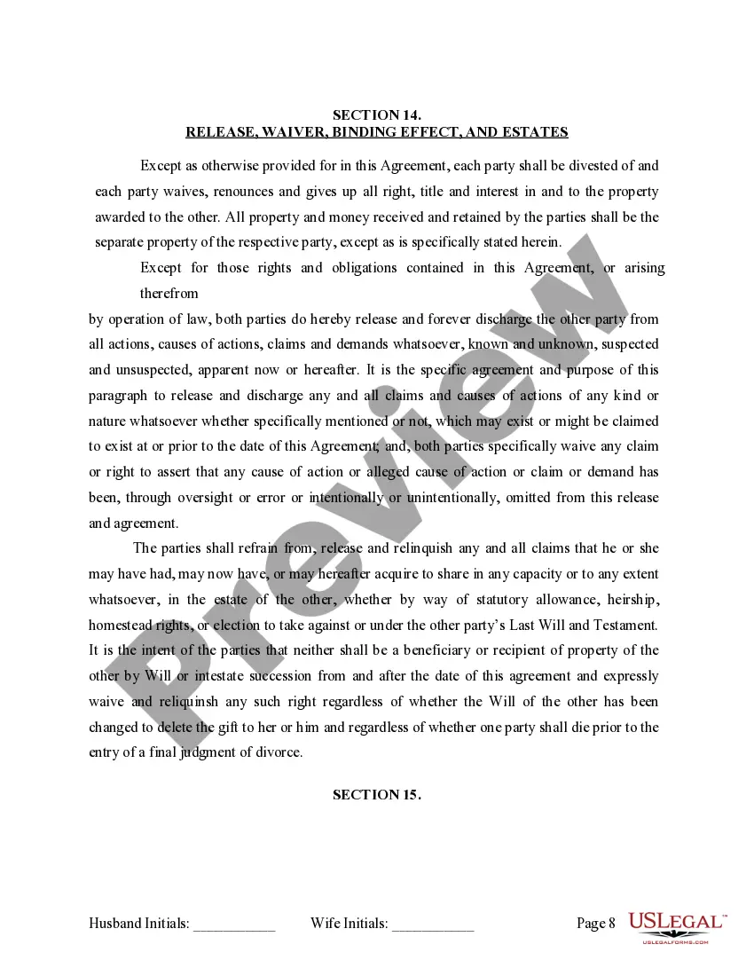 Preview Marital Legal Separation and Property Settlement Agreement where No Children or No Joint Property or Debts and Divorce Action Filed