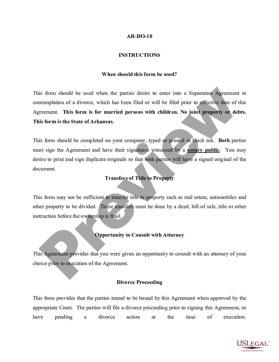 page 0 Marital Legal Separation and Property Settlement Agreement where Minor Children and No Joint Property or Debts and Divorce Action Filed preview