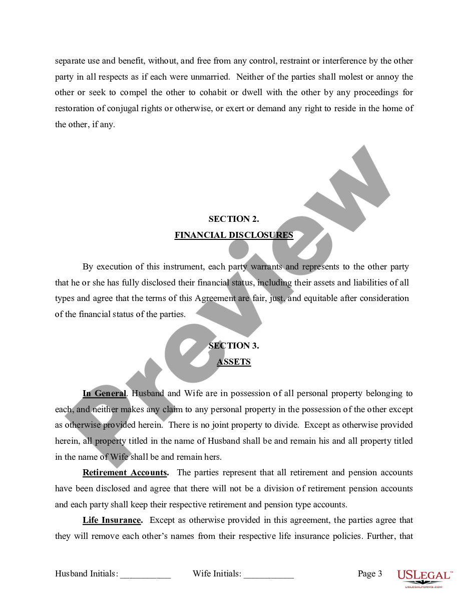 page 3 Marital Legal Separation and Property Settlement Agreement where Minor Children and No Joint Property or Debts and Divorce Action Filed preview