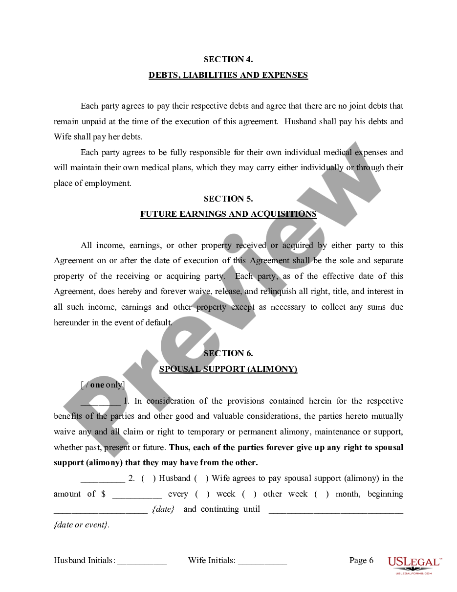 page 6 Marital Legal Separation and Property Settlement Agreement where Minor Children and No Joint Property or Debts and Divorce Action Filed preview