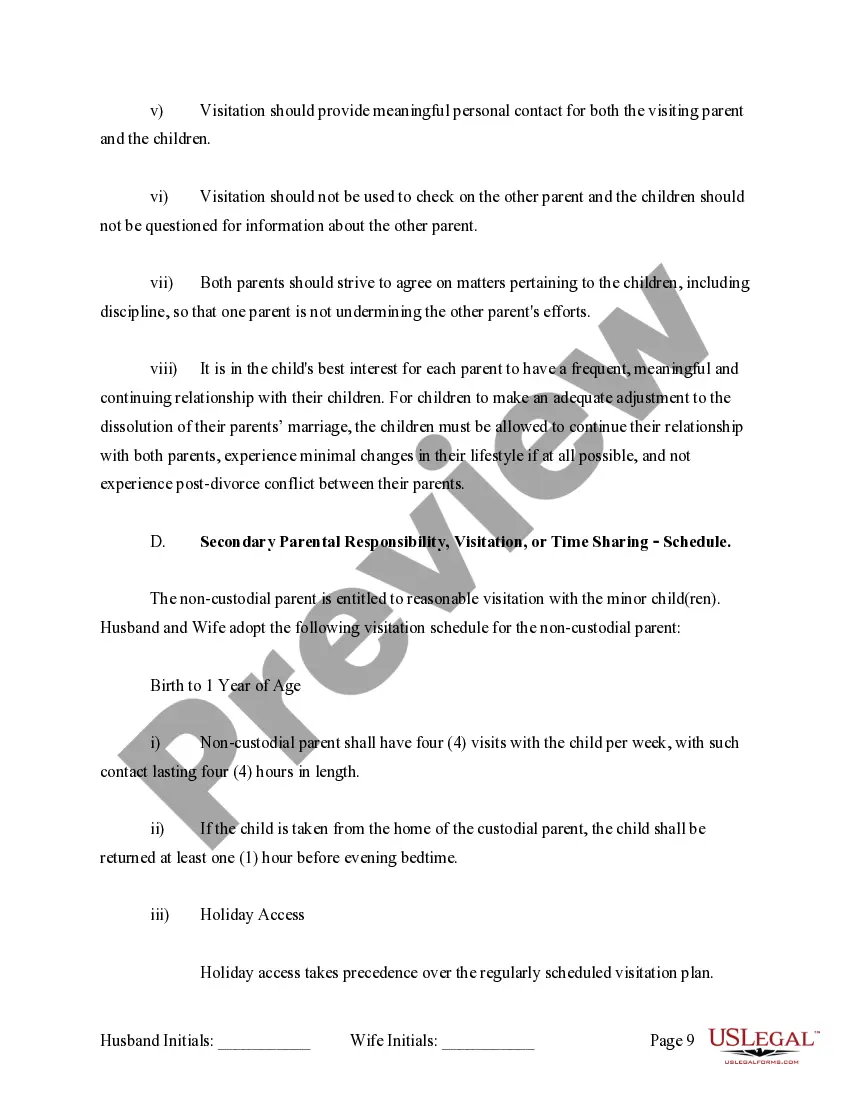 Preview Marital Legal Separation and Property Settlement Agreement where Minor Children and No Joint Property or Debts and Divorce Action Filed