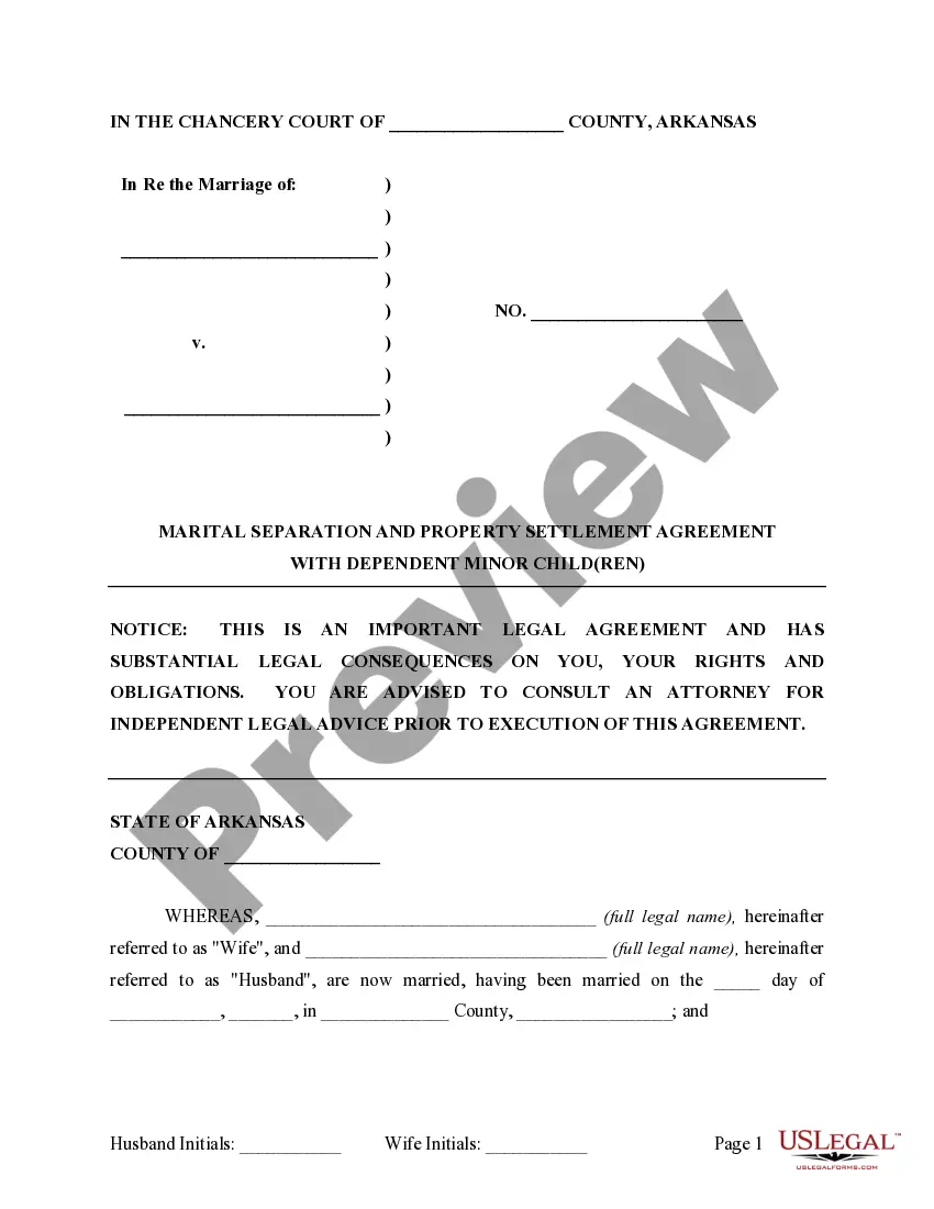 Preview Marital Legal Separation and Property Settlement Agreement where Minor Children and No Joint Property or Debts and Divorce Action Filed