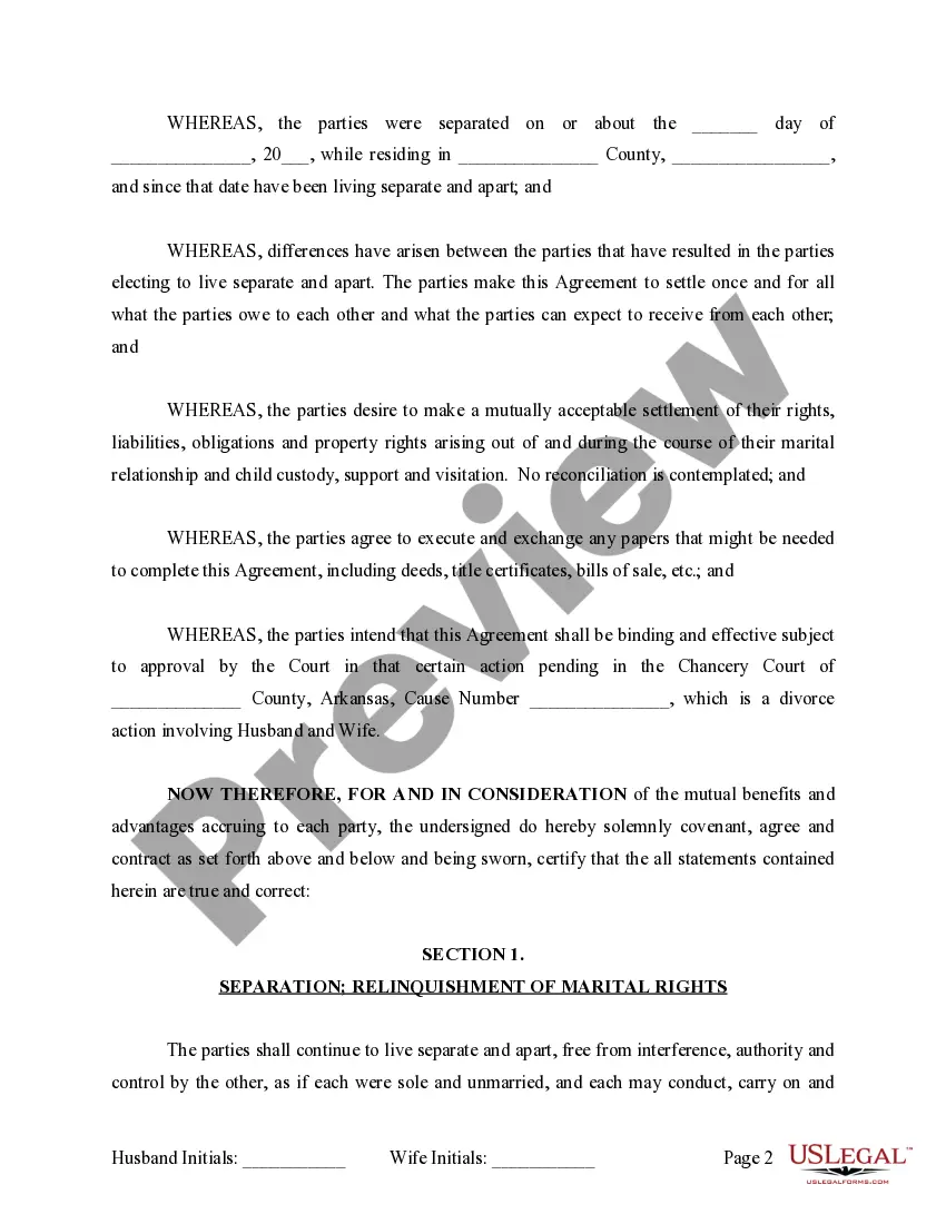 Preview Marital Legal Separation and Property Settlement Agreement where Minor Children and No Joint Property or Debts and Divorce Action Filed
