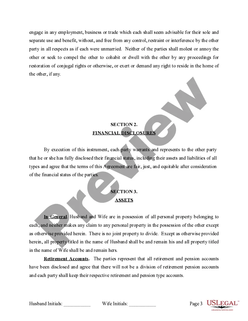 Preview Marital Legal Separation and Property Settlement Agreement where Minor Children and No Joint Property or Debts and Divorce Action Filed