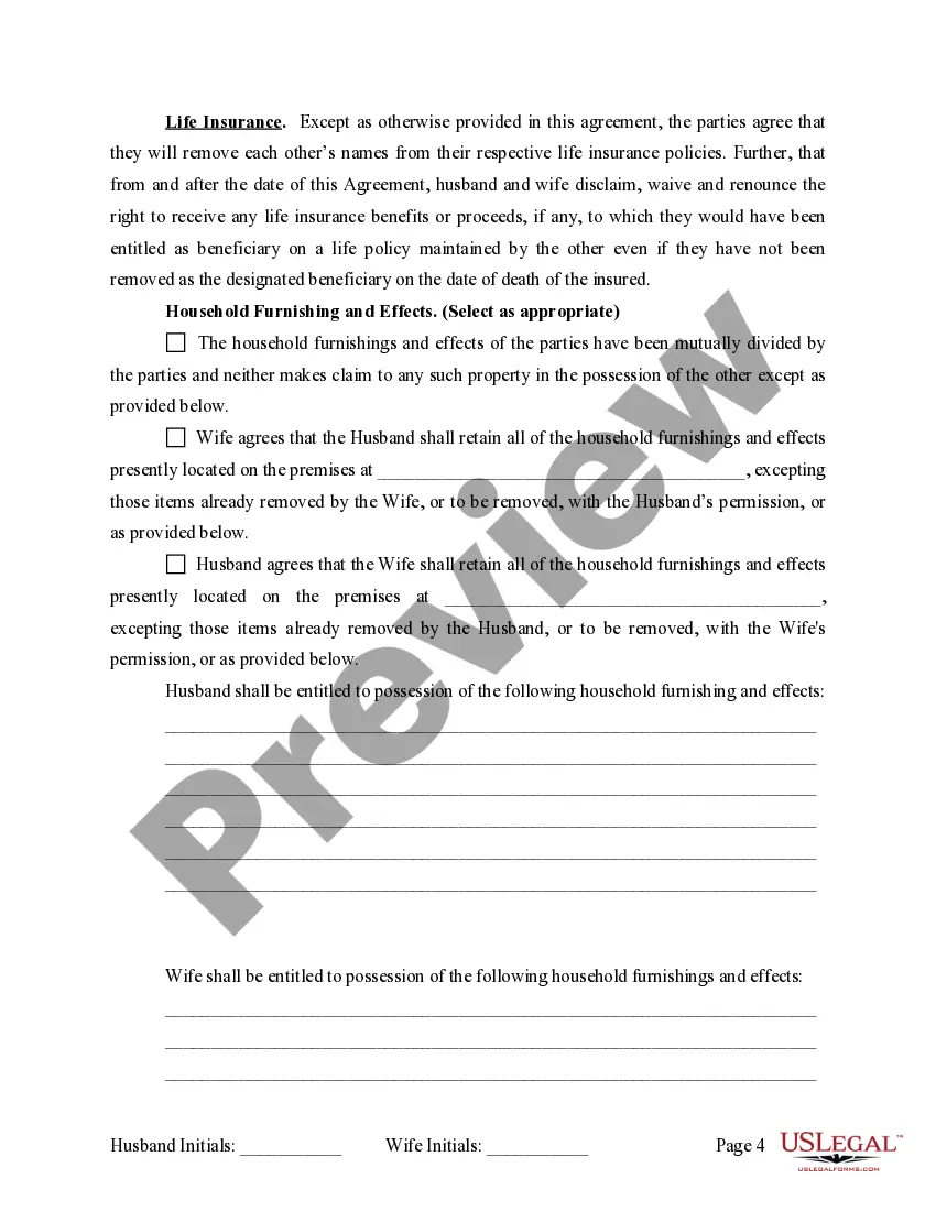 Preview Marital Legal Separation and Property Settlement Agreement where Minor Children and No Joint Property or Debts and Divorce Action Filed