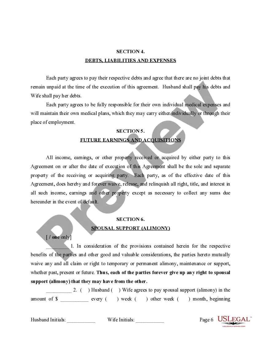 Preview Marital Legal Separation and Property Settlement Agreement where Minor Children and No Joint Property or Debts and Divorce Action Filed