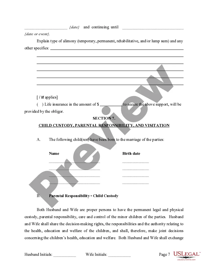Preview Marital Legal Separation and Property Settlement Agreement where Minor Children and No Joint Property or Debts and Divorce Action Filed