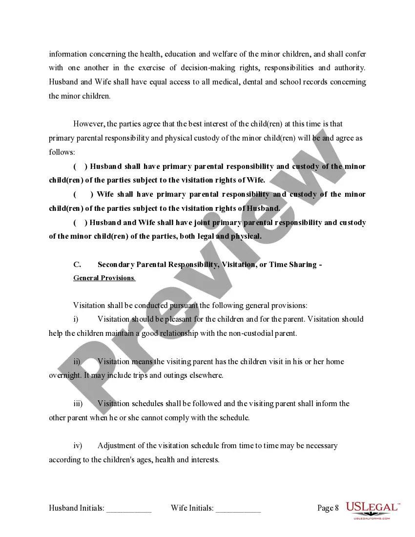 Preview Marital Legal Separation and Property Settlement Agreement where Minor Children and No Joint Property or Debts and Divorce Action Filed