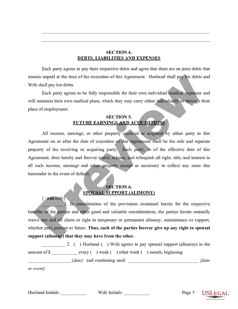 page 5 Marital Legal Separation and Property Settlement Agreement where Minor Children and No Joint Property or Debts that is Effective Immediately preview