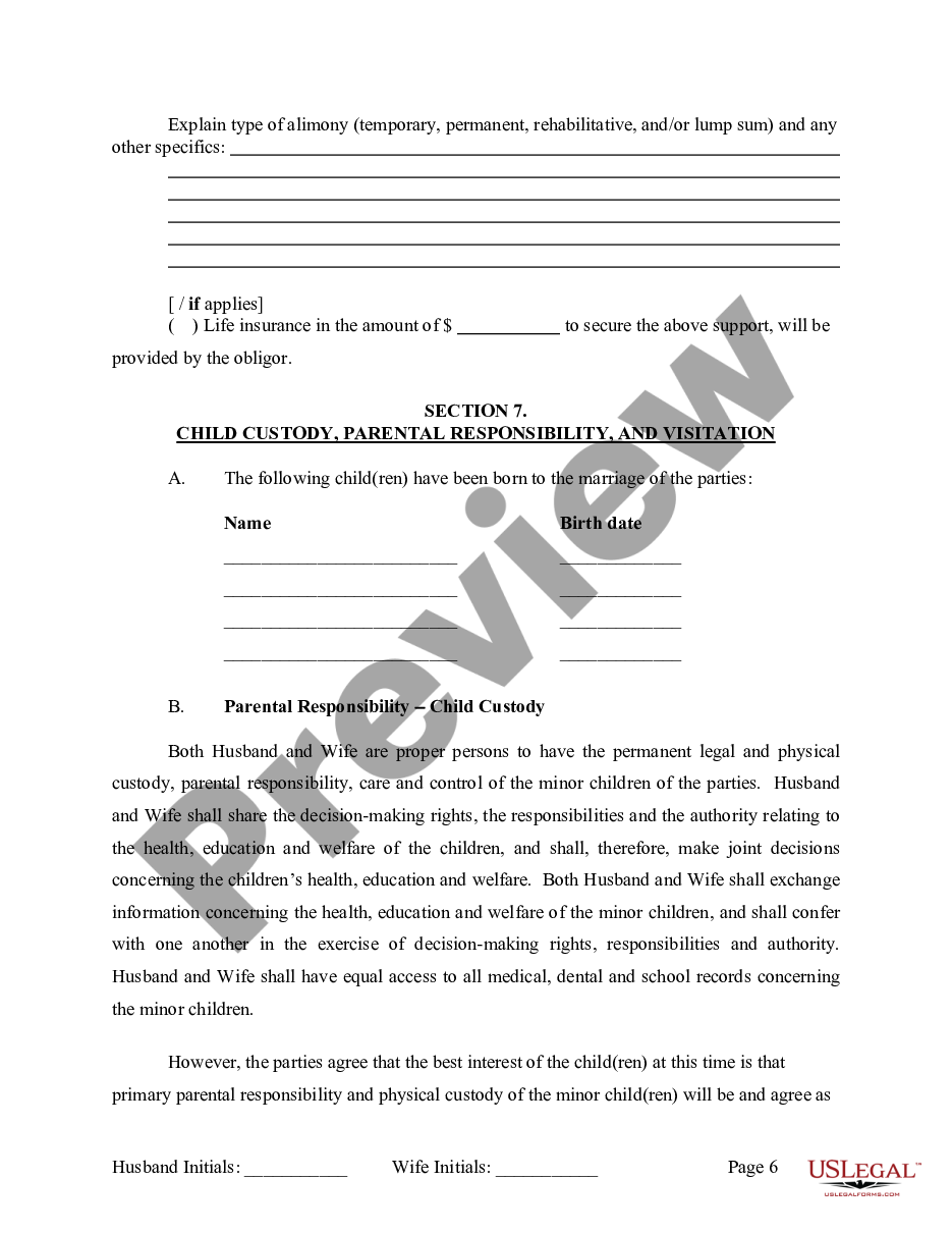 page 6 Marital Legal Separation and Property Settlement Agreement where Minor Children and No Joint Property or Debts that is Effective Immediately preview