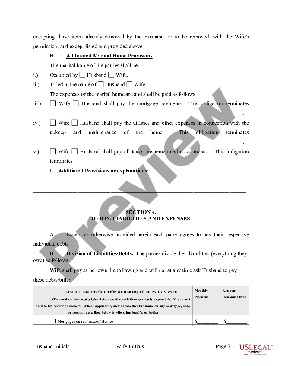 page 7 Marital Legal Separation and Property Settlement Agreement Minor Children Parties May have Joint Property or Debts effective Immediately preview