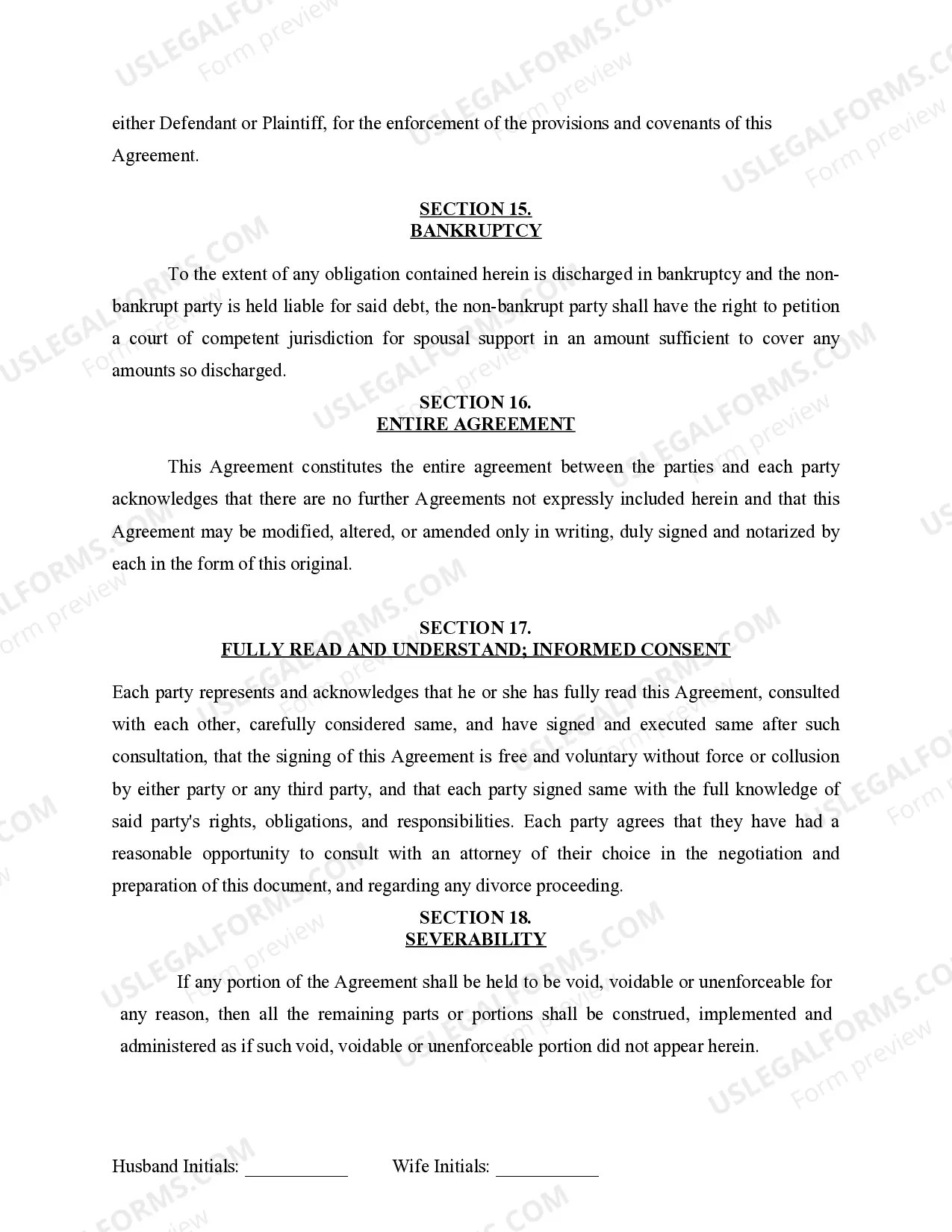 Preview Marital Legal Separation and Property Settlement Agreement for persons with no Children, No Joint Property or Debts Effective Immediately