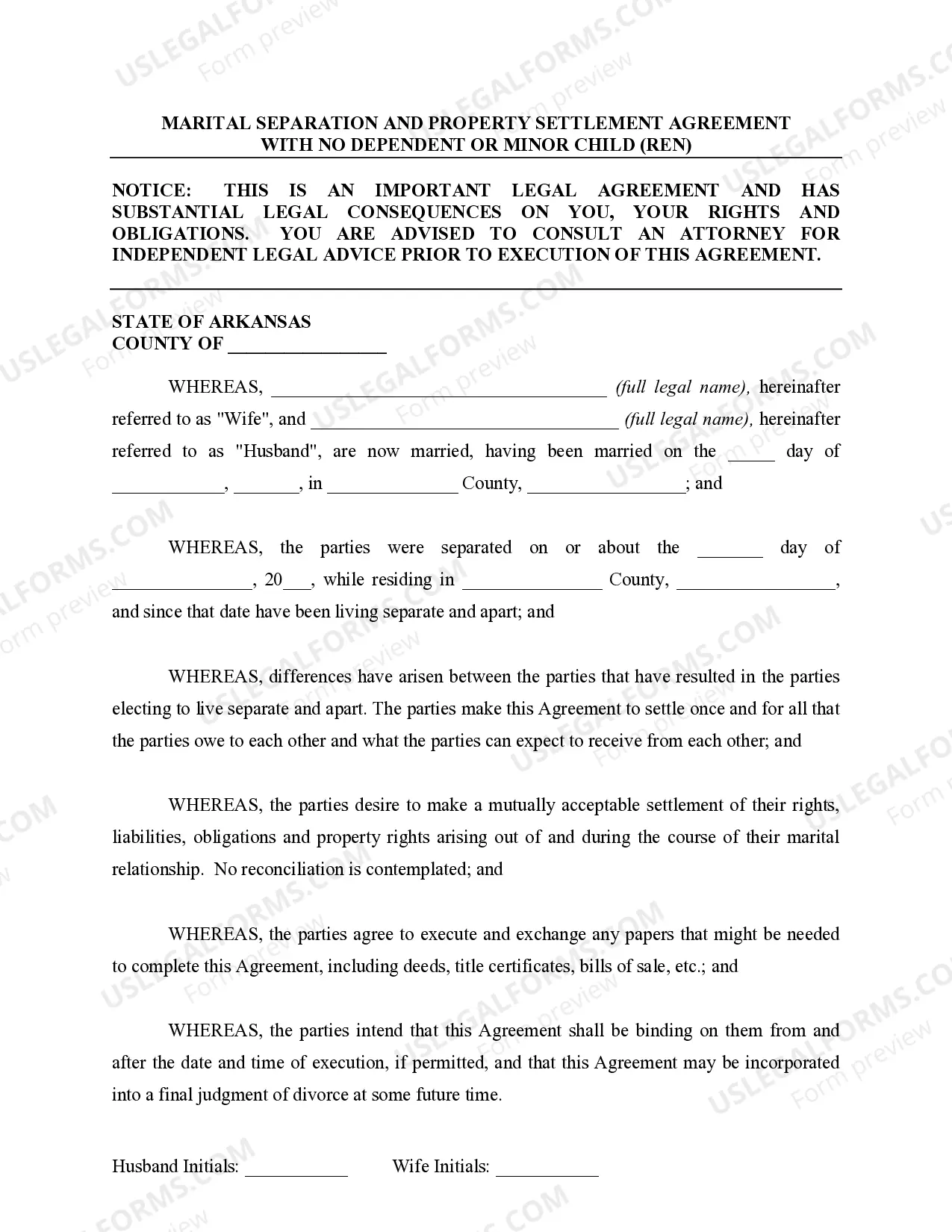 Preview Marital Legal Separation and Property Settlement Agreement for persons with no Children, No Joint Property or Debts Effective Immediately
