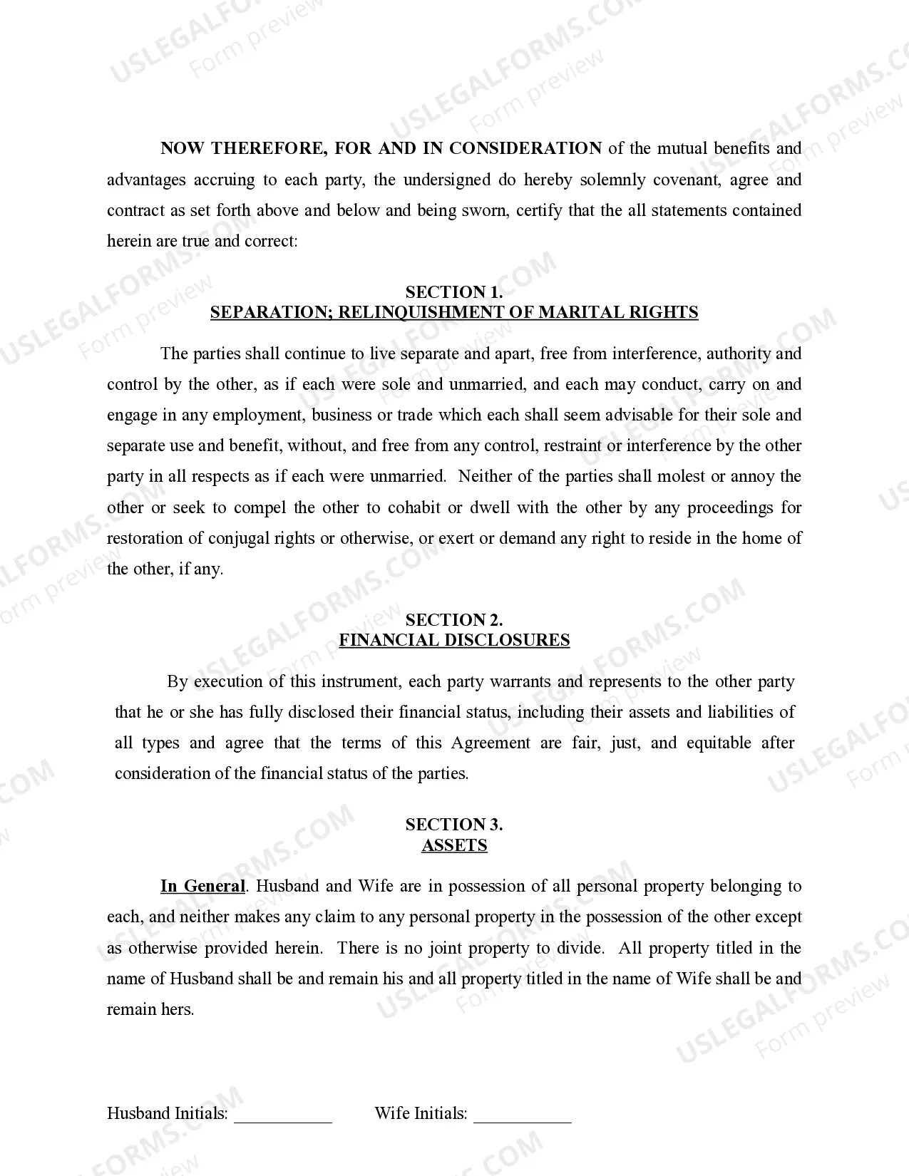 Preview Marital Legal Separation and Property Settlement Agreement for persons with no Children, No Joint Property or Debts Effective Immediately