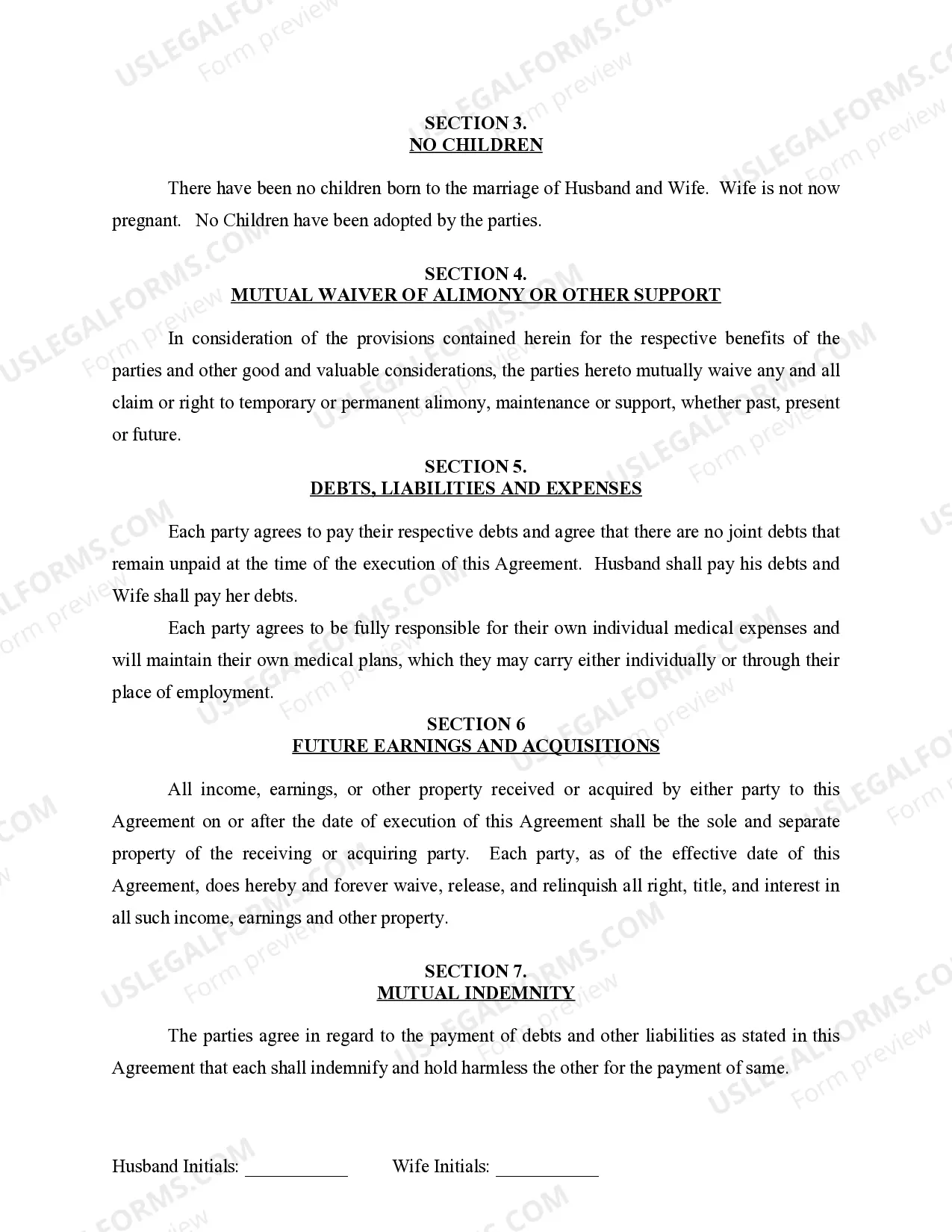 Preview Marital Legal Separation and Property Settlement Agreement for persons with no Children, No Joint Property or Debts Effective Immediately