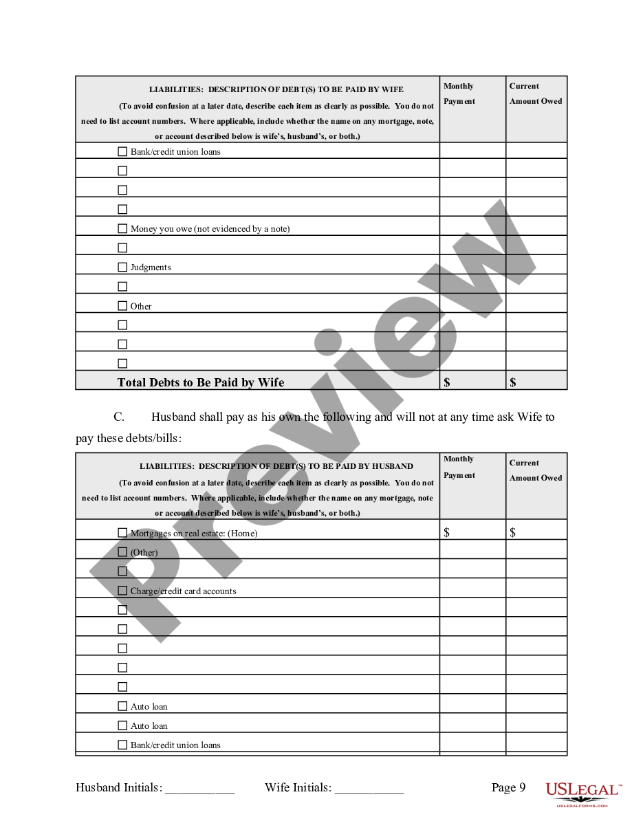 page 9 Marital Legal Separation and Property Settlement Agreement where No Children and parties may have Joint Property and / or Debts and Divorce Action Filed preview