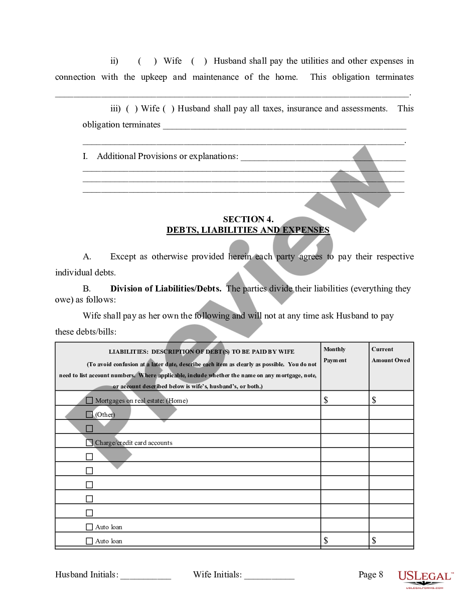 page 8 Marital Legal Separation and Property Settlement Agreement where No Children and parties may have Joint Property and / or Debts and Divorce Action Filed preview