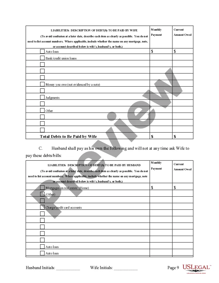 Preview Marital Legal Separation and Property Settlement Agreement where No Children and parties may have Joint Property and / or Debts and Divorce Action Filed