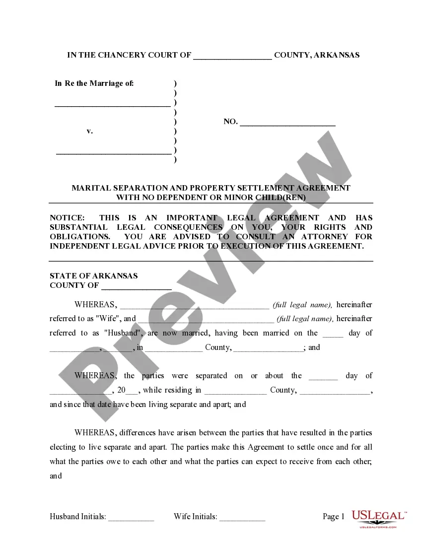 Preview Marital Legal Separation and Property Settlement Agreement where No Children and parties may have Joint Property and / or Debts and Divorce Action Filed