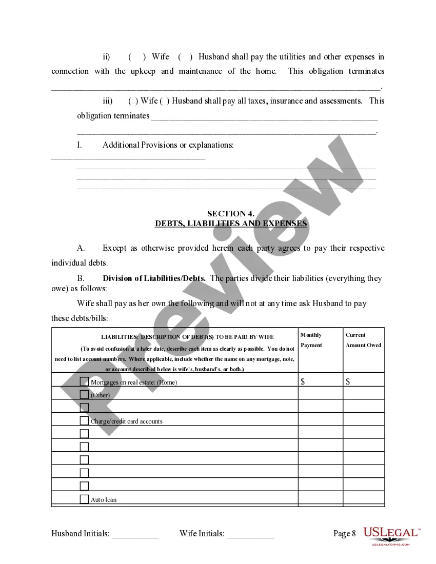 Preview Marital Legal Separation and Property Settlement Agreement where No Children and parties may have Joint Property and / or Debts and Divorce Action Filed