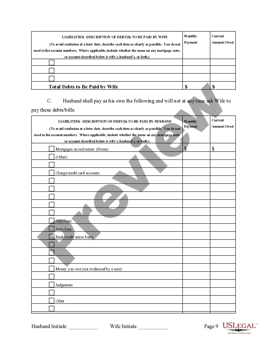 Preview Marital Legal Separation and Property Settlement Agreement no children parties may have Joint Property or Debts effective Immediately