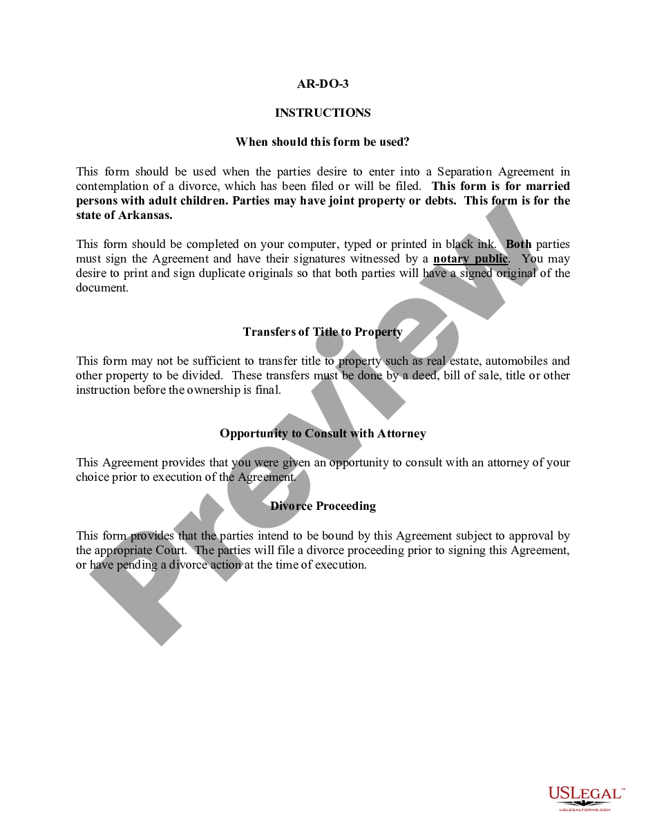 page 0 Legal Separation and Property Settlement Agreement with Adult Children - Marital - Parties May have Joint Property or Debts - Divorce Action Filed preview