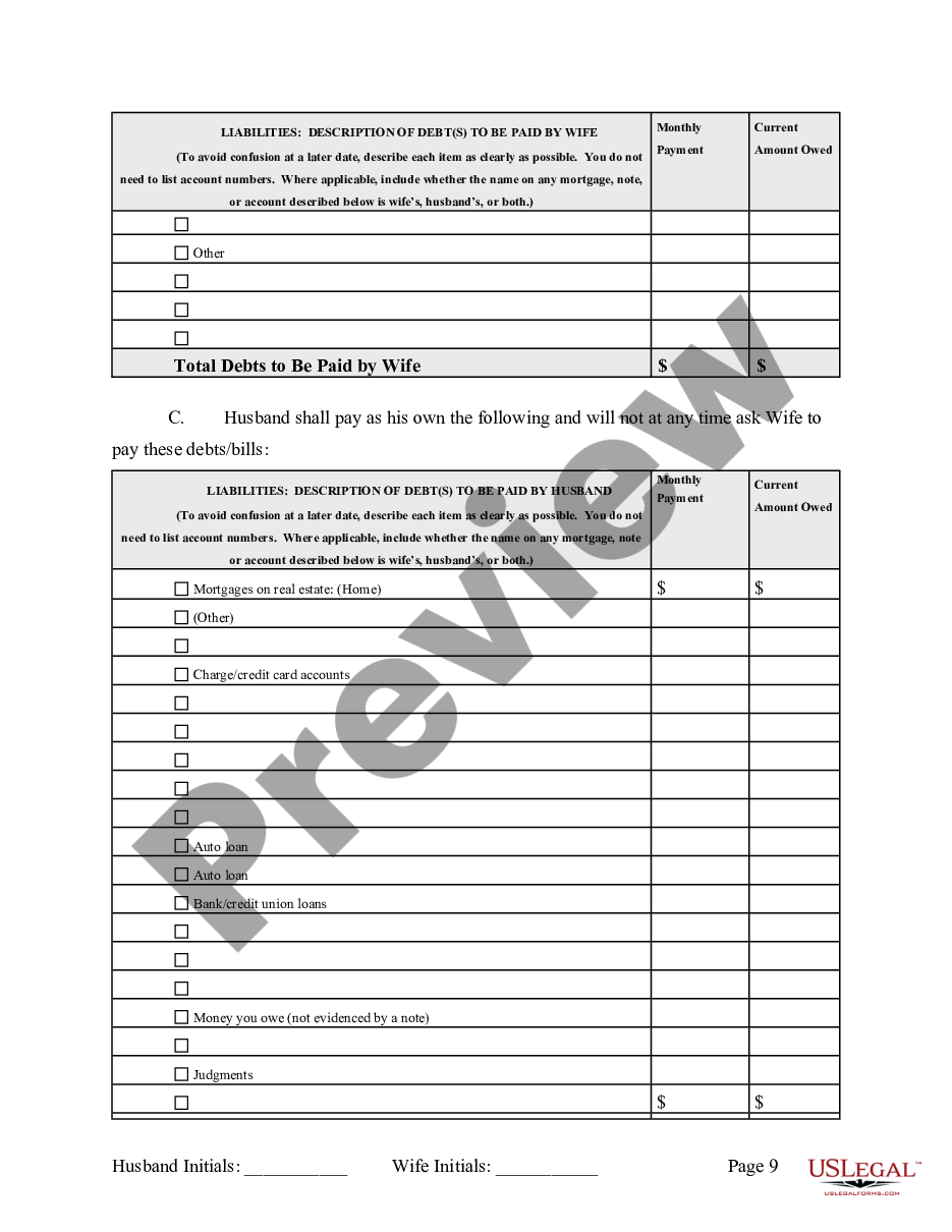 page 9 Legal Separation and Property Settlement Agreement with Adult Children - Marital - Parties May have Joint Property or Debts - Divorce Action Filed preview