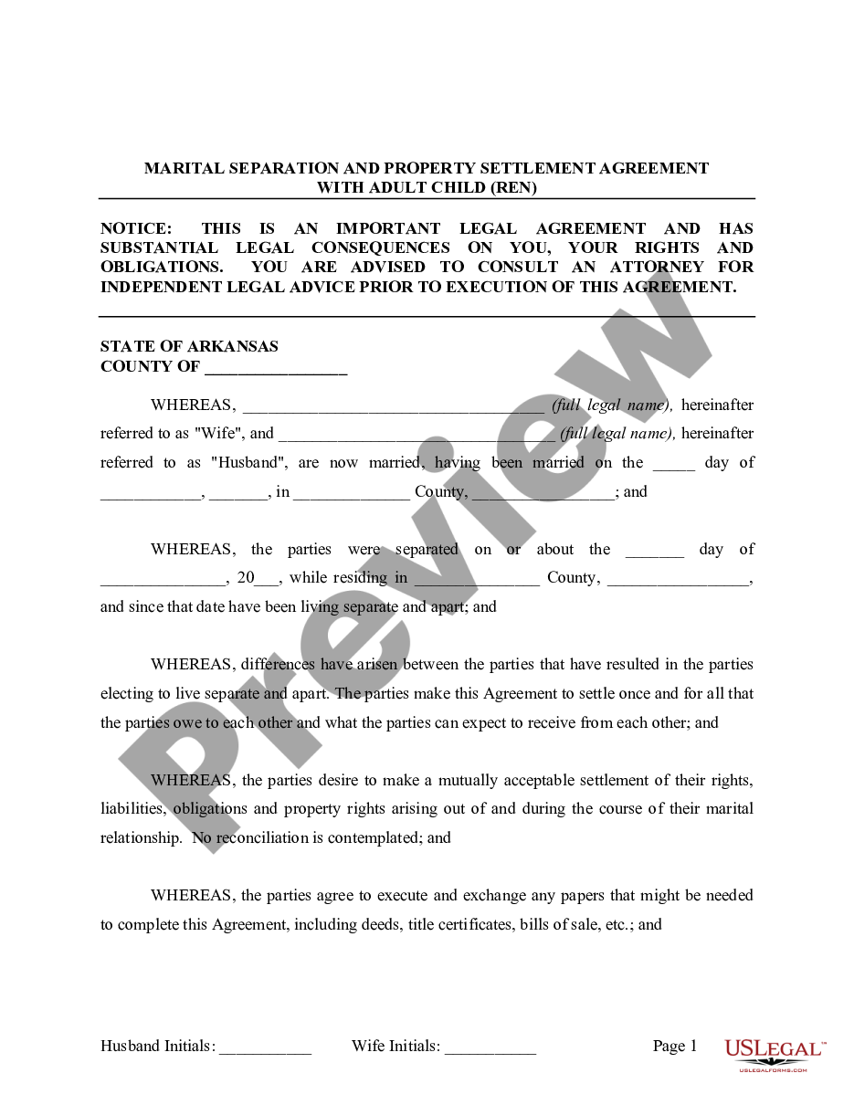 page 1 Legal Separation and Property Settlement Agreement with Adult Children - Marital - Parties May have Joint Property or Debts - Divorce Action Filed preview