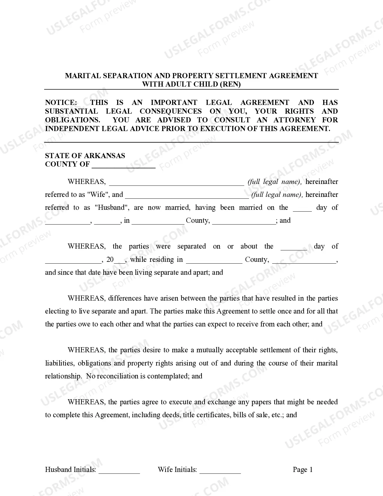 Preview Legal Separation and Property Settlement Agreement with Adult Children - Marital - Parties May have Joint Property or Debts - Divorce Action Filed