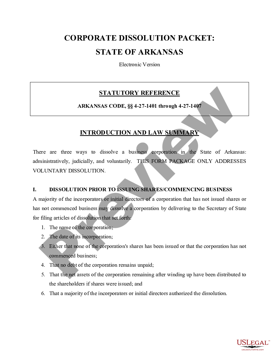 page 0 Arkansas Dissolution Package to Dissolve Corporation preview