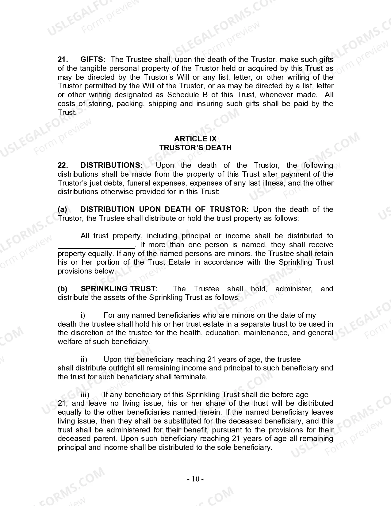 Preview Living Trust for Individual as Single, Divorced or Widow or Widower with No Children