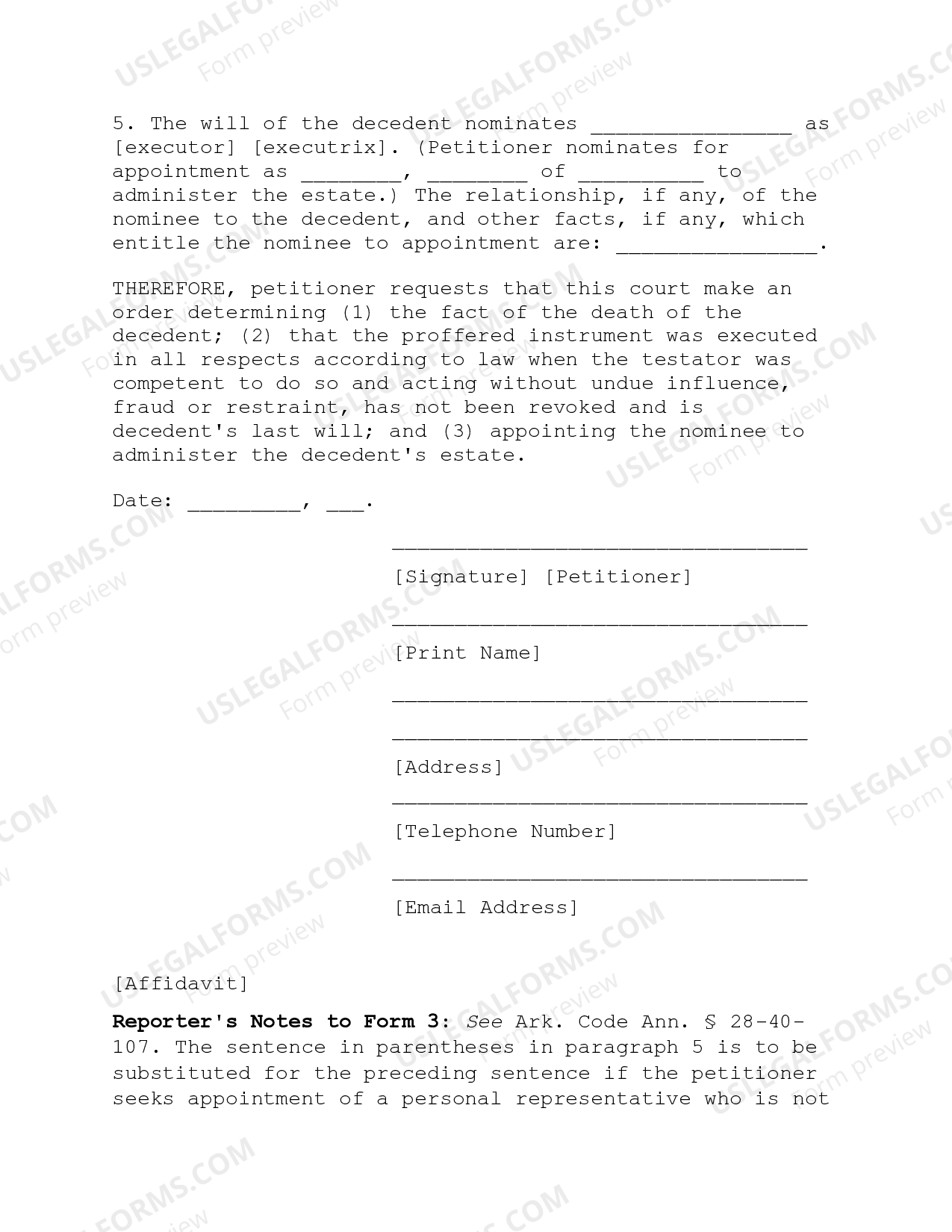 Arkansas Petition for Probate of Will and Appointment of Personal
