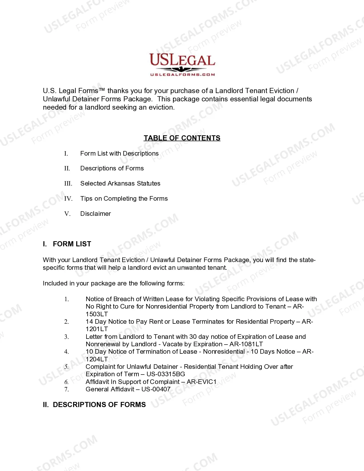 Preview Arkansas Landlord Tenant Eviction / Unlawful Detainer Forms Package