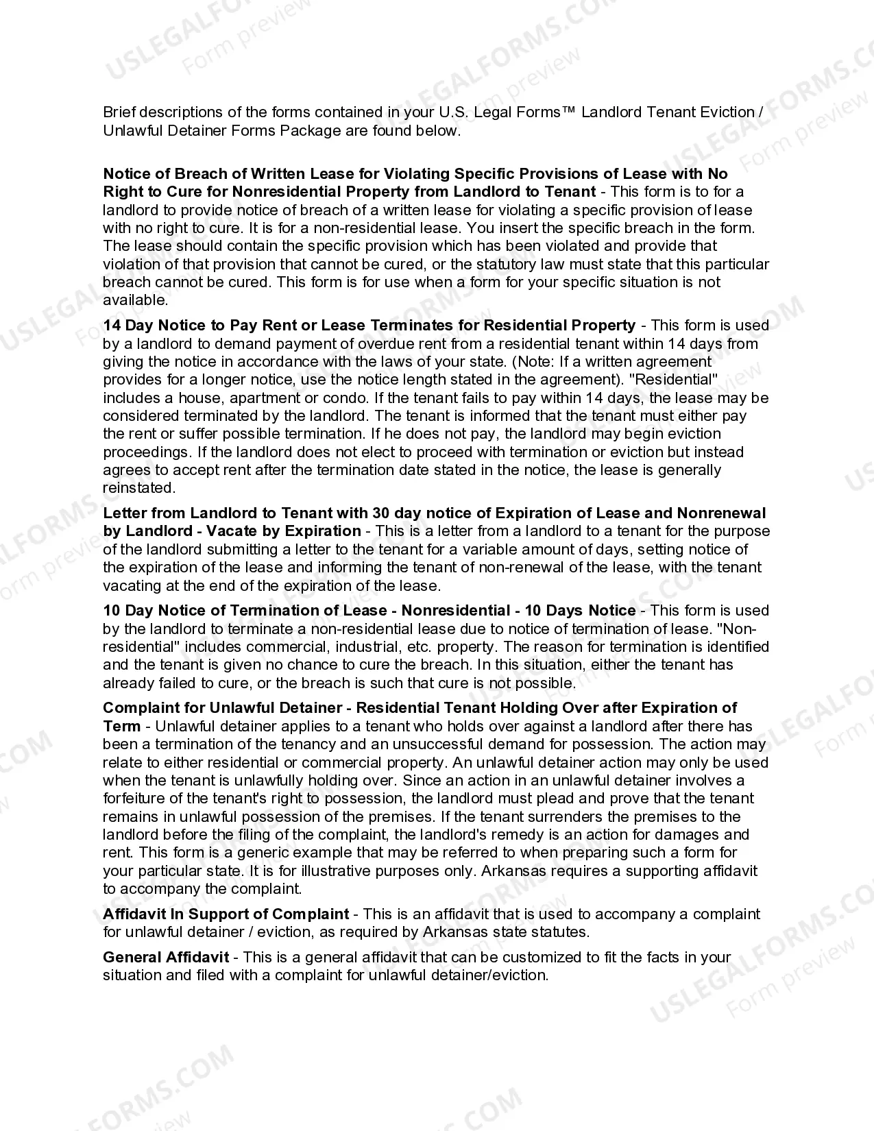 Preview Arkansas Landlord Tenant Eviction / Unlawful Detainer Forms Package