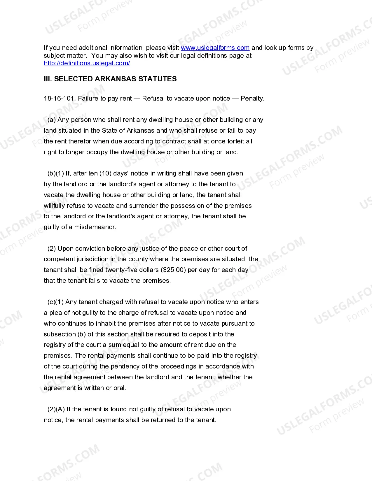 Preview Arkansas Landlord Tenant Eviction / Unlawful Detainer Forms Package